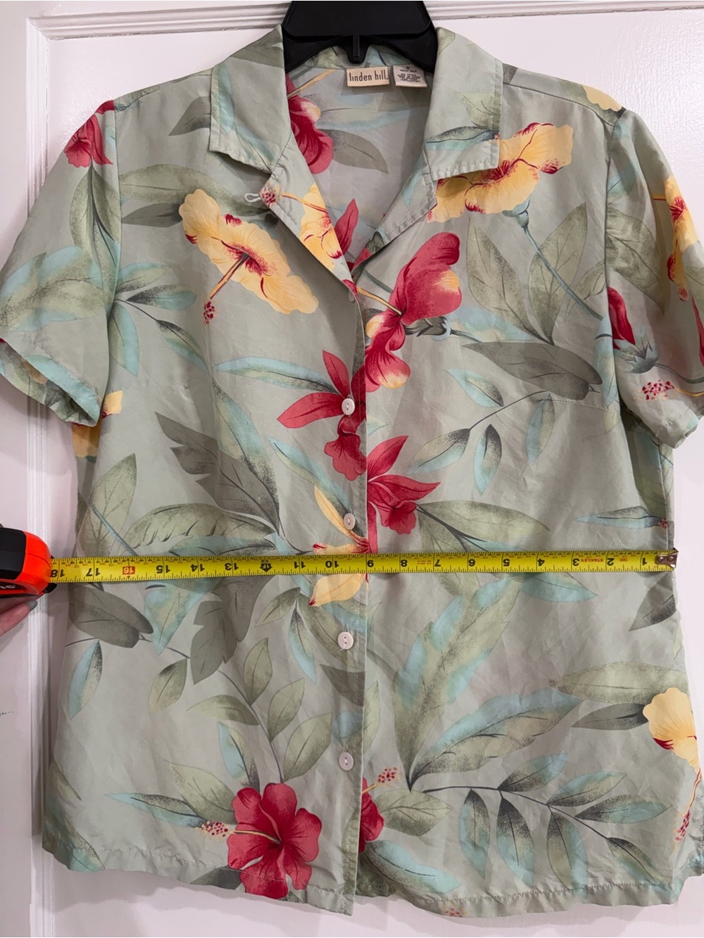 Linden Light Sage 100% Silk Shirt with Red & Yellow Floral Accents - Picture 6 of 7